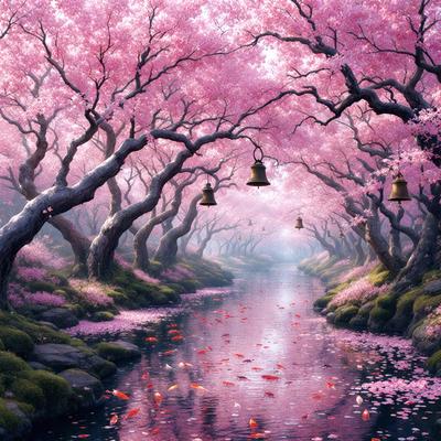 The primary subject of the image is a beautiful pink cherry blossom tree with a bell hanging from it. The tree is surrounded by a serene environment, with a river flowing nearby. The visual style of the image is a digital art, creating a vibrant and lively atmosphere. The dominant colors in the scene are pink and red, which add to the overall mood of the image.